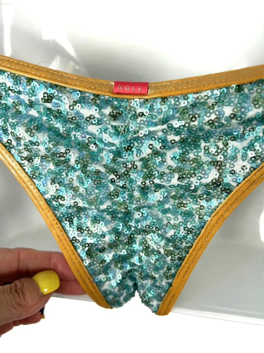 Doll & Co Sequin Mermaid String Bikini Aqua Gold S
